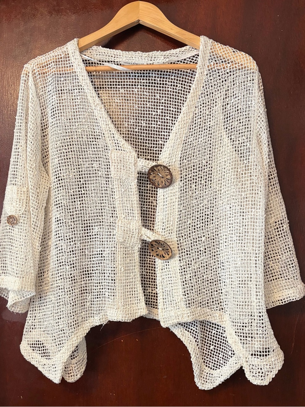 Women’s Nina Leonard Open-Weave Ivory Crochet Button Front Cardigan